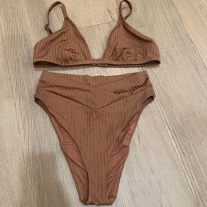 Aerie Large 2 Piece Ribbed Shine Crossover High Cut Cheeky Bikini Top & Bottom